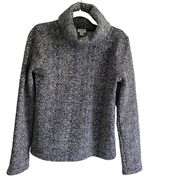 J. Crew Navy White Cozy Fleece Knit Plaid Checkered Turtleneck Sweater Size S - Picture 2 of 12